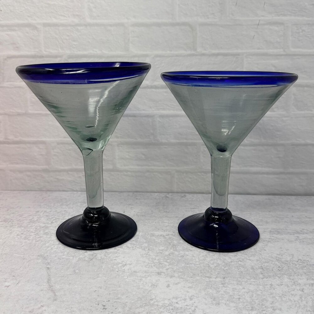 Vintage Mexican Cobalt Blue Rim Margarita Glasses‎ 8 oz Set of 2